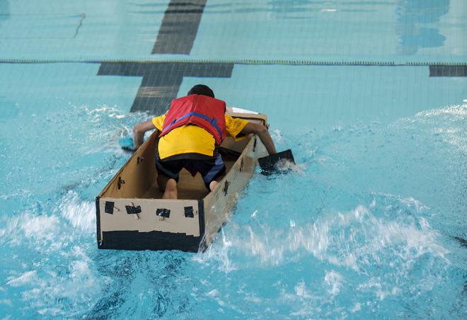 Cardboard Boat Race in the pool
