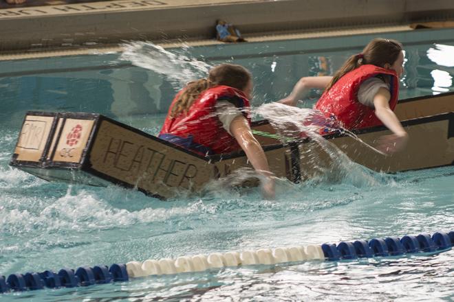 Cardboard Boat Race in the pool action