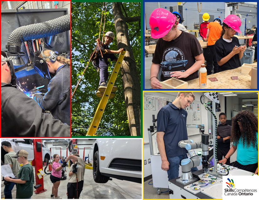 A collage of photos of kids trying different skilled trade and technology careers.